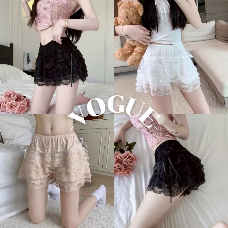 Vogue🌟พร้อมส่ง🌟 กางเกงขาสั้น เงสม๊อคยืด สีพื้น ดีเทลลูกไม้ แต่งชั้นๆ (KK1158)