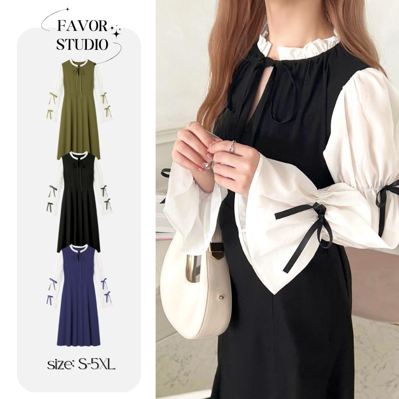 เดรสเกาหลีแขนตุ๊กตาซีทรูแต่งโบว์ สีทูโทน (ไซซ์ S-5XL) ทรงสวย วินเทจหวานๆ