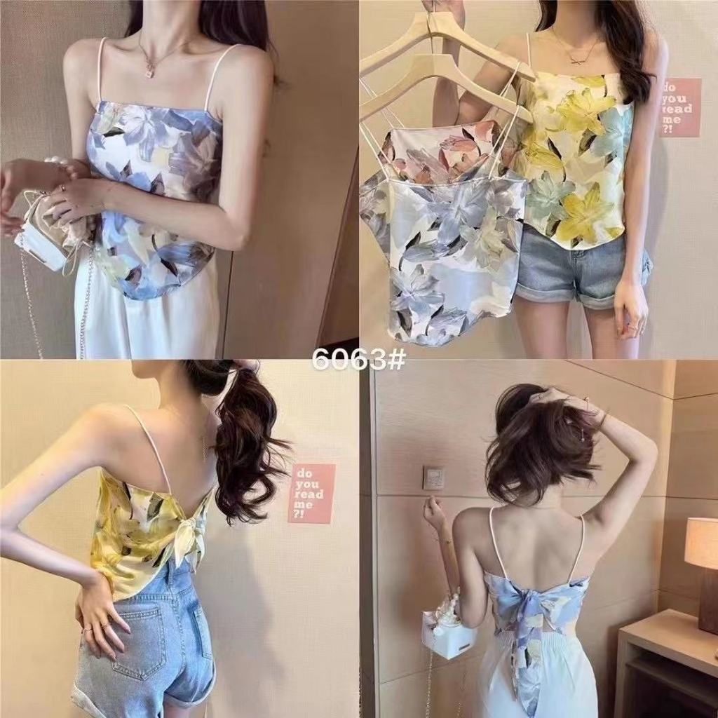 💕*MiKi-Shop*พร้อมส่ง*เสื้อสายเดี่ยวแต่งผ้าทรงสามเหลี่ยม ผูกหลัง ผ้าลื่น6063*