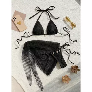 ชุดว่ายน้ำ bikini ชุดบิกินี่ 3 ชิ้น sexy ผูกคอ ตกแต่งด้วยเปลือกหอย ไปเที่ยวทะเล มีฟองน้ำ#0858