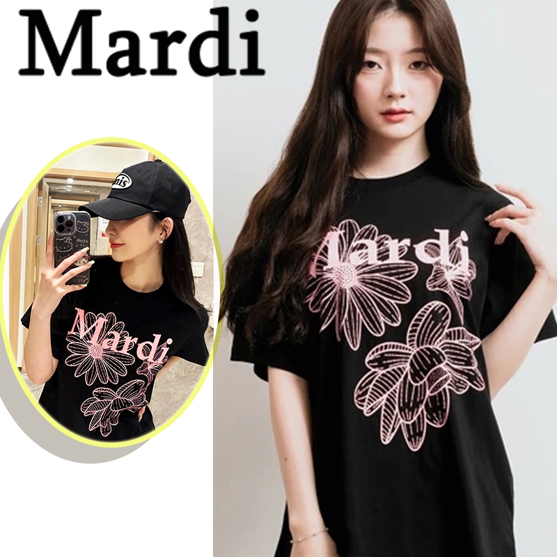MARDI MERCREDI TRIPLE FLOWER ฟรีไซส์ เสื้อยืด สีดำ พิมพ์ลาย เสื้อแฟชั้น ลำลอง ดูผอมลง สไตล์เกาหลี ใหม่