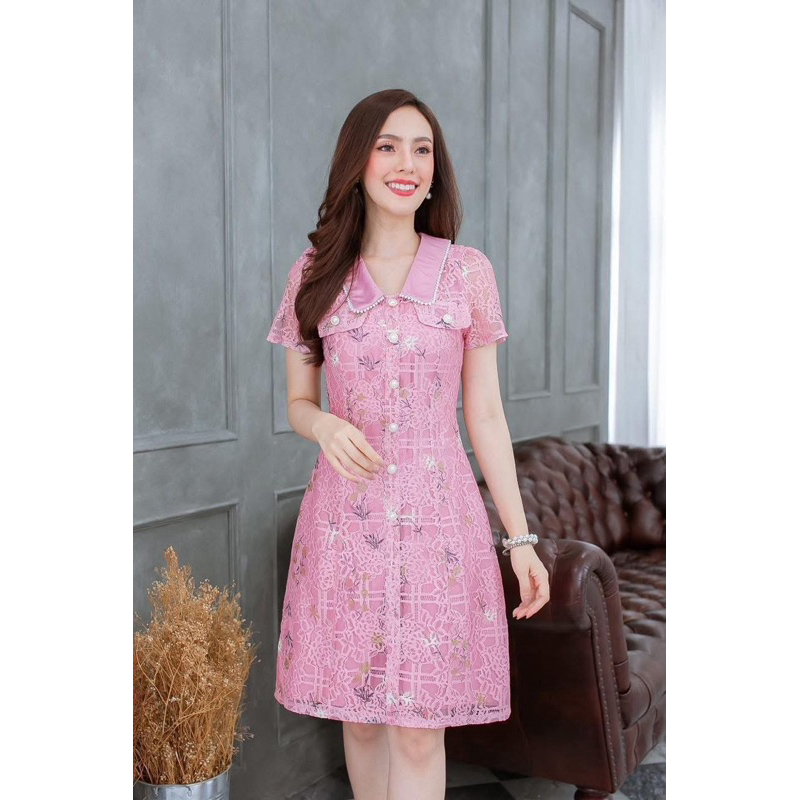 เดรสลูกไม้สีชมพู ป้าย Alert ไซส์ M  ปกเสื้อแต่งมุก น่ารักมากกกก..!!!