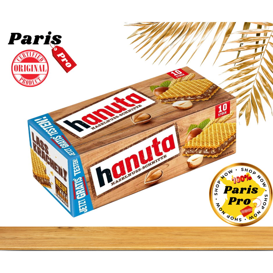 ขนม Hanuta เวเฟอร์กรอบสอดไส้ครีมช็อกโกแลตผสมเฮเซลนัทจาก Ferrero นำเข้าจากเยอรมัน 1กล่องบรรจุ 10 ชิ้น