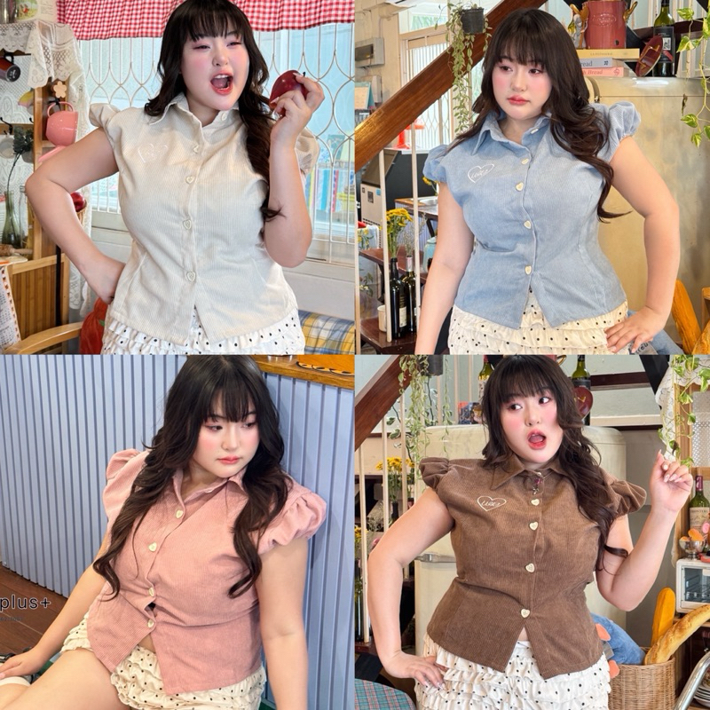 เสื้อเชิ้ตคอปก แขนตุ๊กตา (ผ้าลูกฟูก) เสื้อสาวอวบ อก38-50นิ้ว Freesize