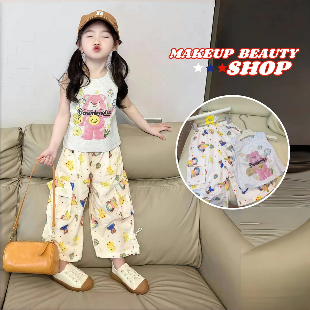 2-12 ปี ชุดเซ็ตลูกสาว เสื้อแขนกุด+กางเกงขายาว ลายการ์ตูน กางเกงลำลองสำหรับเด็กผู้หญิง แฟชั่นลำลอง