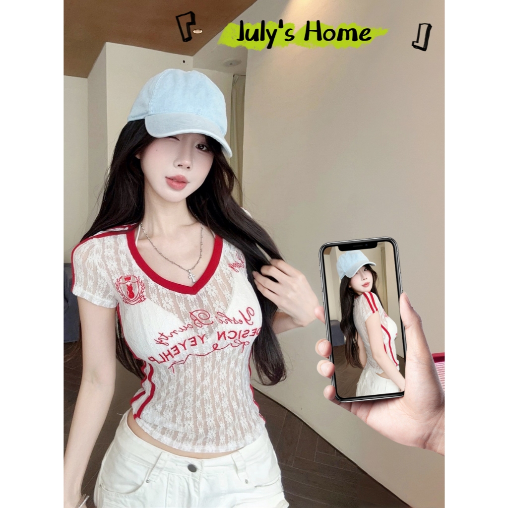 เสื้อยืดผู้หญิง เสื้อลูกไม้คอวี สลับสี ลูกไม้ลายสวย สาวฮอตต้องมี#J2315