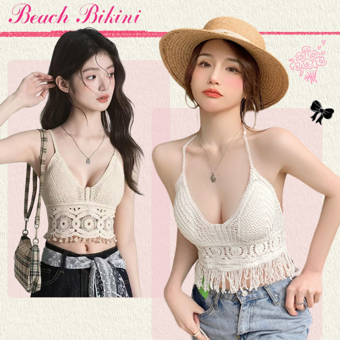ส่งไวจากไทย ผู้หญิง บราไหมพรม ผูกคอ แต่งพู่สไตล์โบฮีเมียน เว้าหลัง เซ็กซี่เข้ากัน