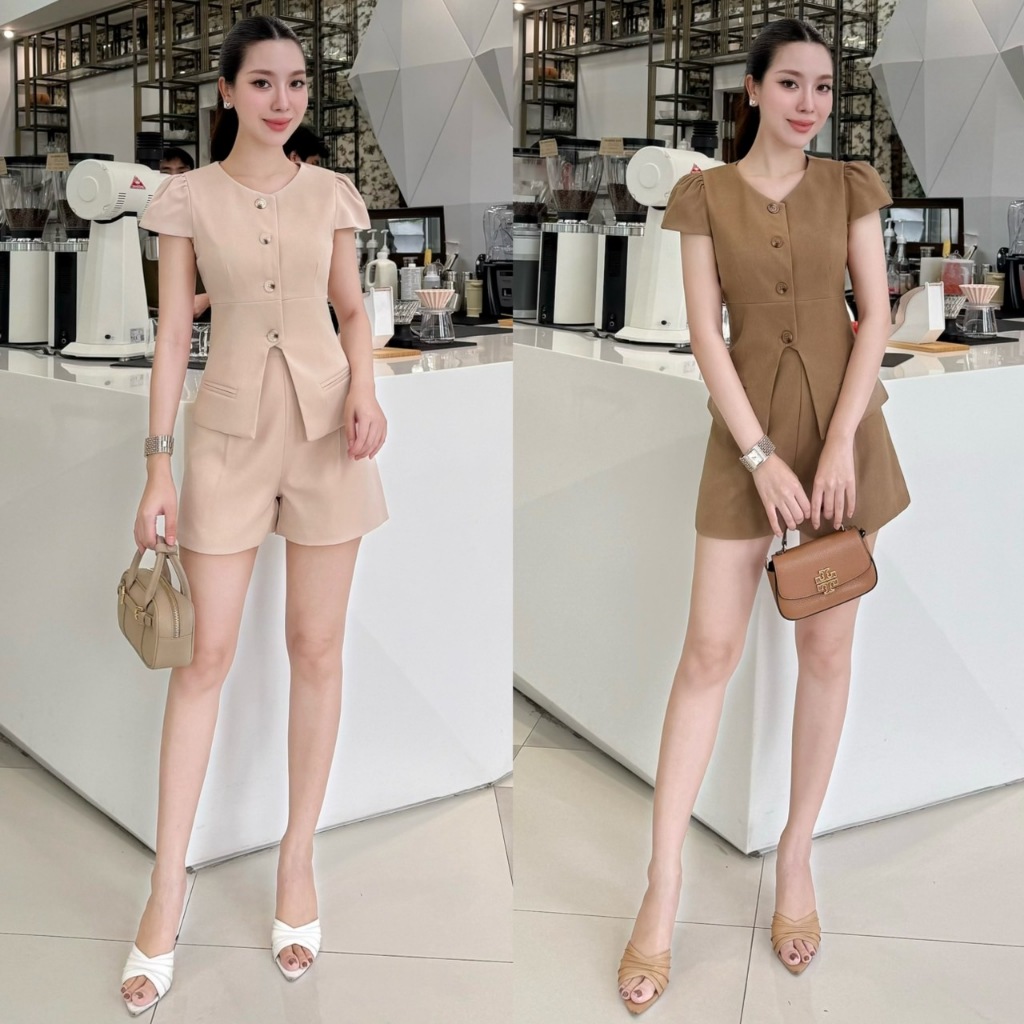 Thealner-AN145 (เซตเสื้อแขนสั้นแต่งกระดุมน้ากางเกงขาสั้น)