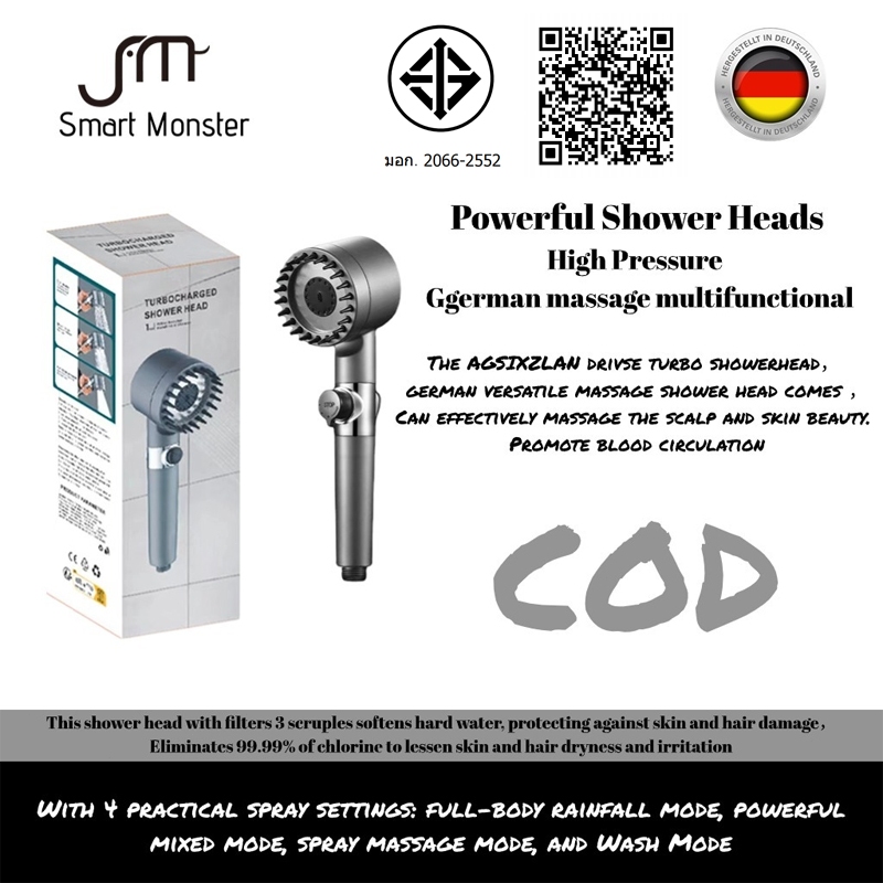 [50% OFF Clearance]Smart Monster ฝักบัวแรงดันสูง 4 in 1 หัวฝักบัวนวดตัว ปรับได้ พร้อมตัวกรอง