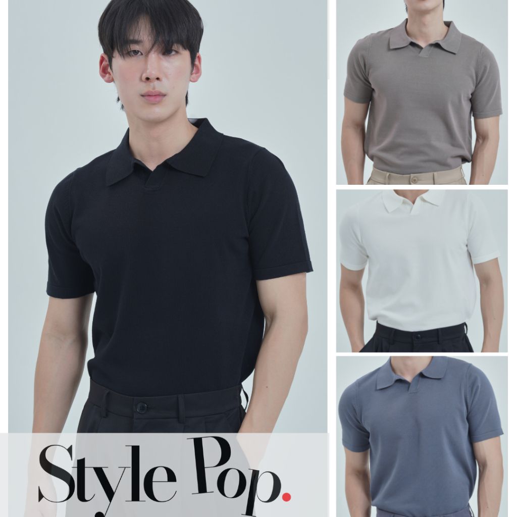 StylePop เสื้อโปโลแขนสั้น เสื้อโปโลผู้ชาย ทรงเกาลี ผ้าถัก (ผ้านุ่มใส่สบาย) Knit Polo Shirt [SM25]