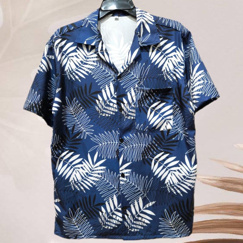 เสื้อเชิ้ตฮาวาย ลายใบไม้ขาวดำ (พื้นสีกรม) ผ้าไหมอิตาลี