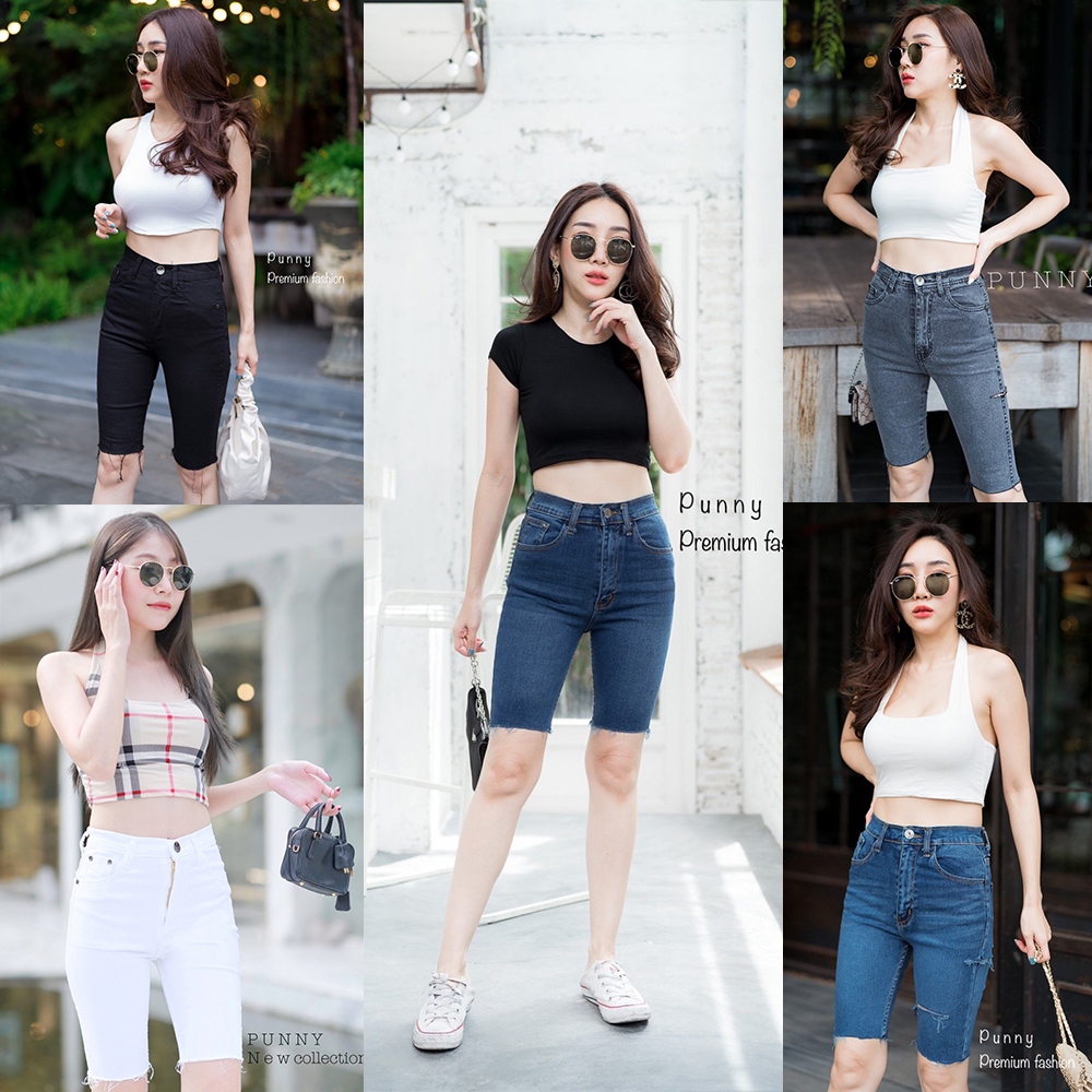 punny jeans กางเกงยีนส์สามส่วนผ้ายืดเอวสูงเก็บทรงดีแบบซิบสวมใส่ง่ายใส่สบายใส่เที่ยวใส่อยู่บ้านได้หลายโอกาส