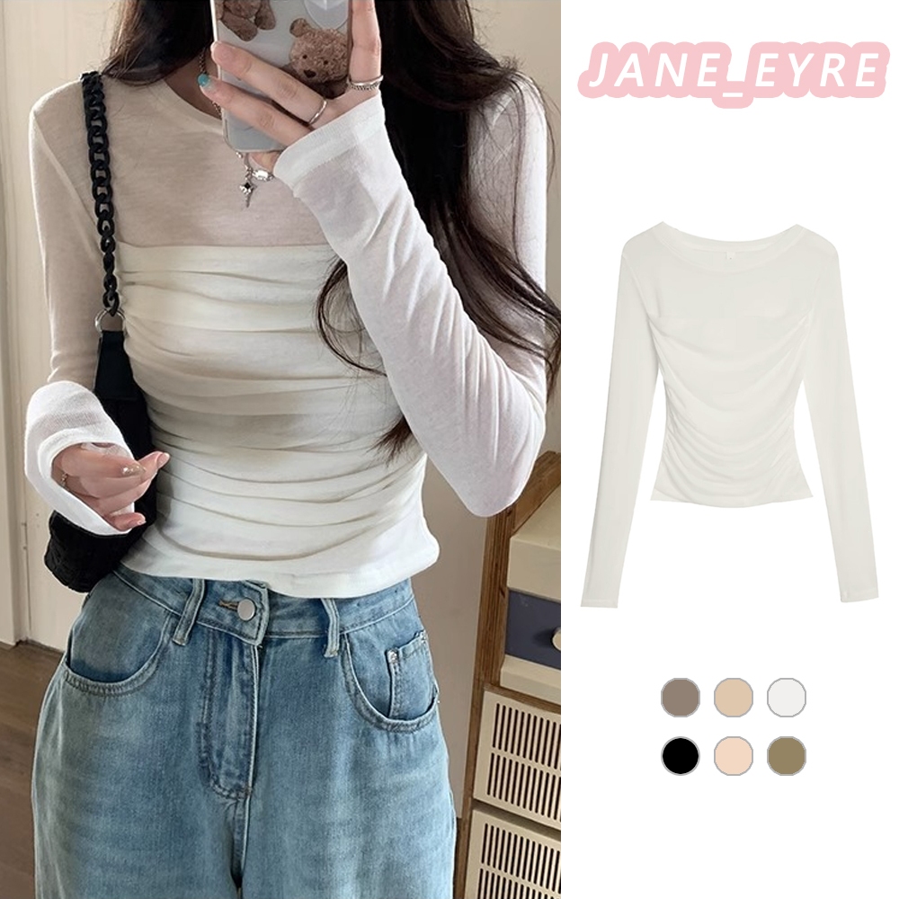 6 สี🔥 เสื้อยืดแขนยาวผ้ากอซผู้หญิงจีบทรงสลิมฟิตเสื้อบอททอมออกแบบความรู้สึกสั้นด้านบน JN