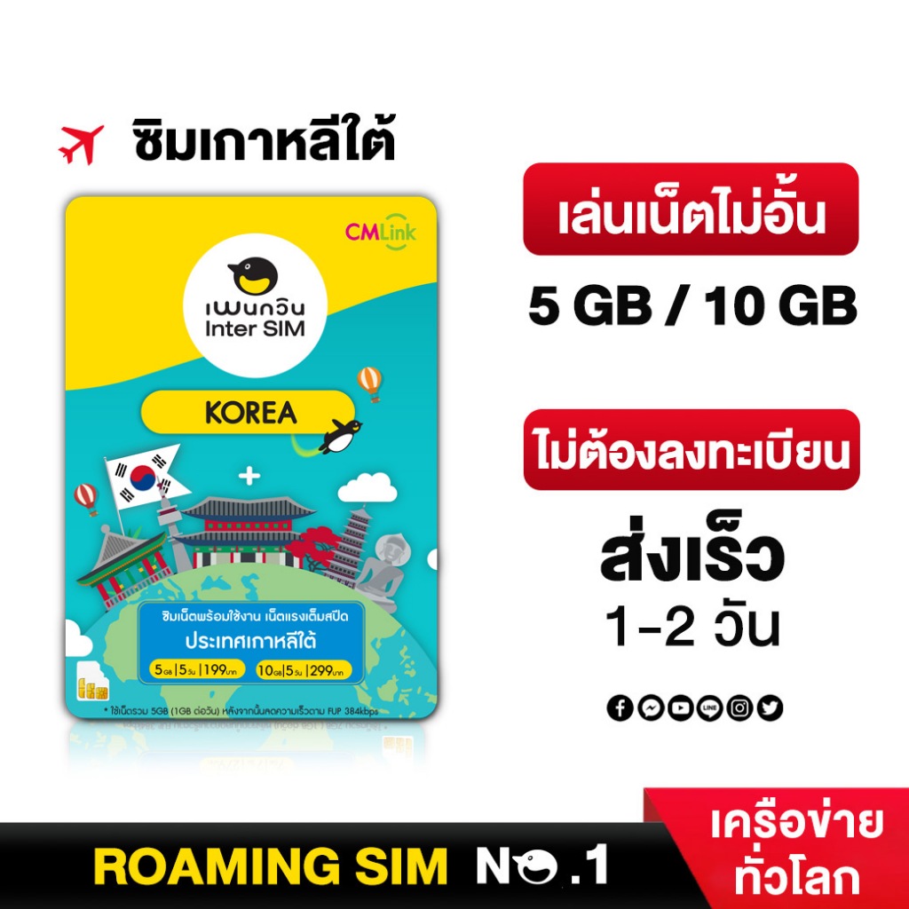 Korea Sim Card Full speed​ 5GB / 10GB Fup 384kbps  : ซิมเกาหลี 5 วัน by CM LINK