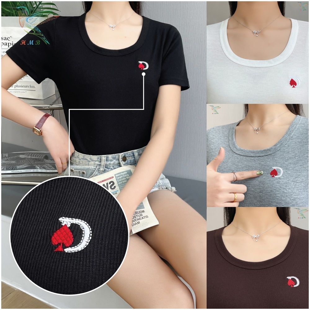 HMB® เสื้อยืด คอกลม แขนสั้น ดีเทลปักลาย ผ้าร่องเล็ก เนื้อผ้านิ่ม ดีไซน์ทรงเข้ารูป ทรงสวย แมท์ง่าย t5221#