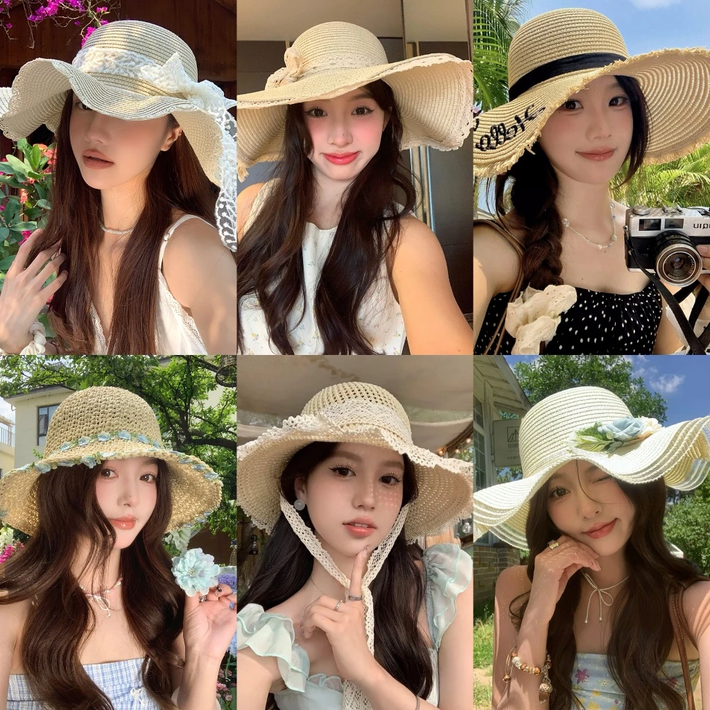 หมวกฟางลูกไม้ หมวกสีทึบกว ้ ปีกหมวกกว้าง🏖️ เครื่องประดับแฟชั่น สไตล์เกาหลี✨ ตัวเลือกหลากหลาย พร้อมส่งในไทย