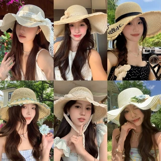 หมวกฟางลูกไม้ หมวกสีทึบกว ้ ปีกหมวกกว้าง🏖️ เครื่องประดับแฟชั่น สไตล์เกาหลี✨ ตัวเลือกหลากหลาย พร้อมส่งในไทย