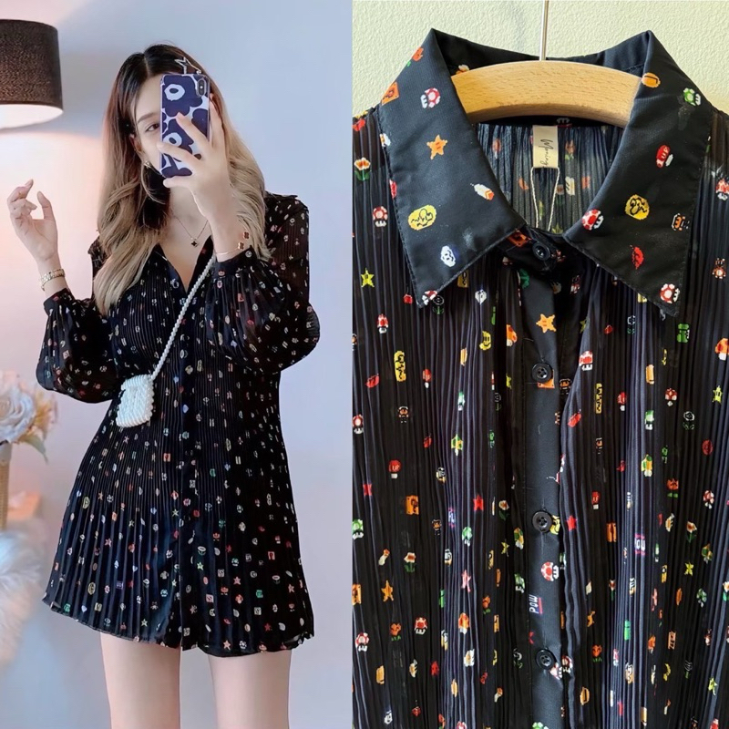 มินิเดรสอัดพลีท เดรสสั้น ผ้าชีฟอง ลายดอกไม้ ลายกราฟฟิก เกาหลีสุดๆ สาวอวบใส่ได้ - รูปที่ 6