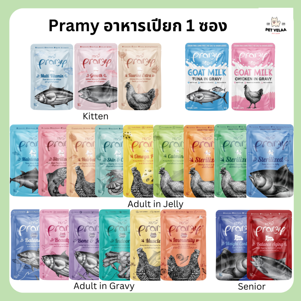 (1ซอง)Pramy อาหารเปียกแมว อาหารเปียกลูกแมว อาหารเปียกแมวโต อาหารเปียกแมวสูงวัย ในมูส เจลลี่ เกรวี่ ขนาด 70g.