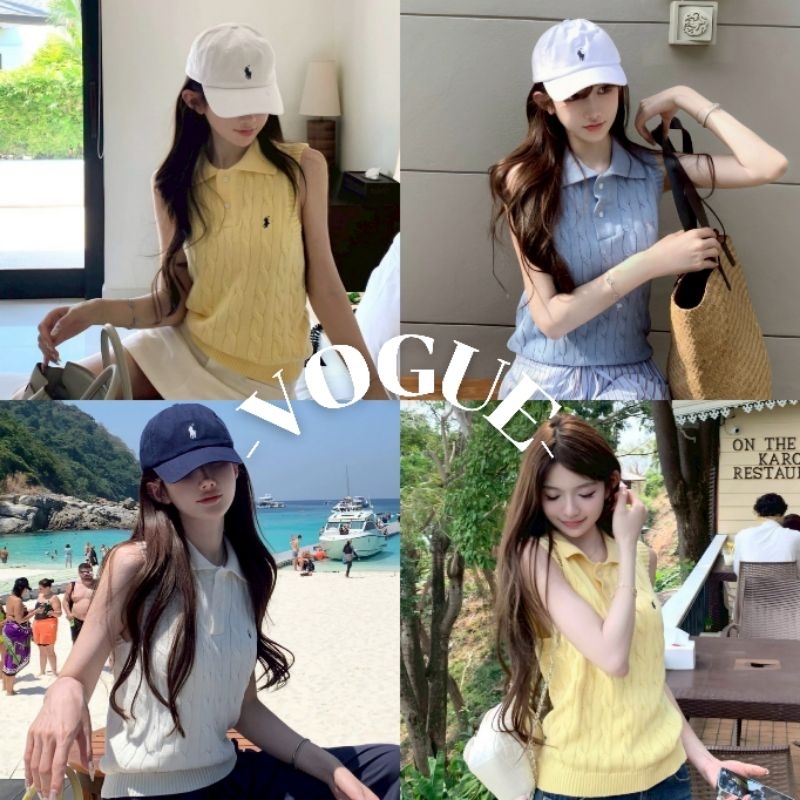 Vogue🌟พร้อมส่ง🌟 เสื้อกล้ามไหมพรม คอปก สีพาสเทลใส่ง่าย (W-J074)