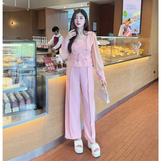 ชุดเซตยาวผ้าวูลเวฟ เสื้อแขนยาวผ้าซีฟองคอเหลี่ยมกระดุมเมอแรงแต่งกระเป๋าหน้า+กางเกงเอวเรียบสม็อคหลัง+สายเข็มขัด A6612