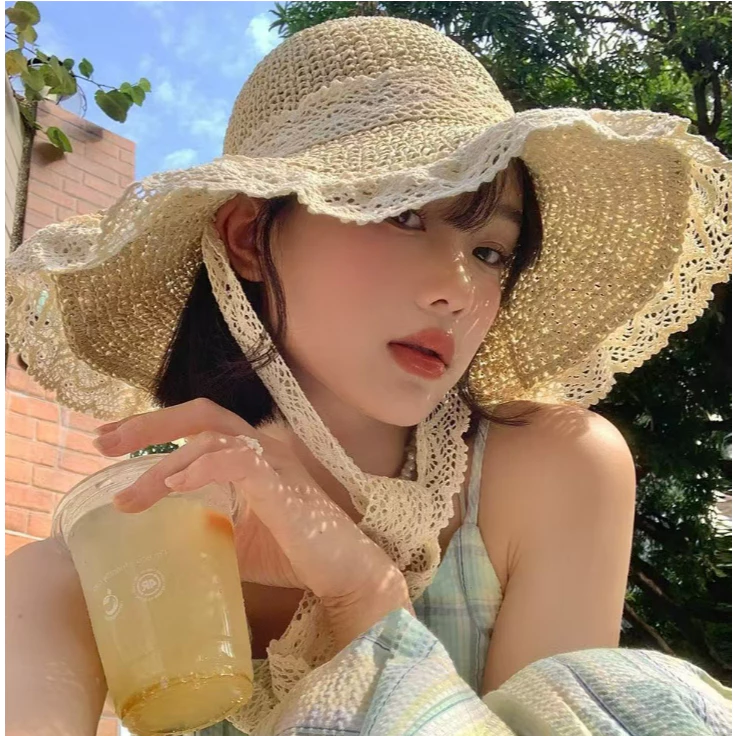 ☀️☀️พร้อมส่งในไทย !!! หมวกฟางผู้หญิงแต่งลูกไม้มีสายรัดลูกไม้ ป้องกันแสงแดดระบายอากาศ หมวกกันแดดริมทะเล รุ่นใหม่ล่าสุด🌟🌟