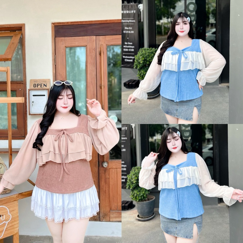 เสื้อแขนยาวสาวอวบอก52แขนชีฟองแต่งระบายอก