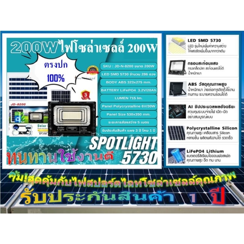 ไฟสปอร์ตไลท์โซล่าเซลล์ JD-200W