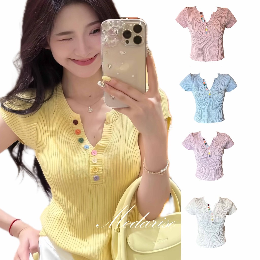 Modarise เสื้อยืด ผู้หญิง แขนสั้น พร้อม เฮนลี่ย์ คอเสื้อ กระดุมแป๊กครึ่งตัว ผ้าริบถัก