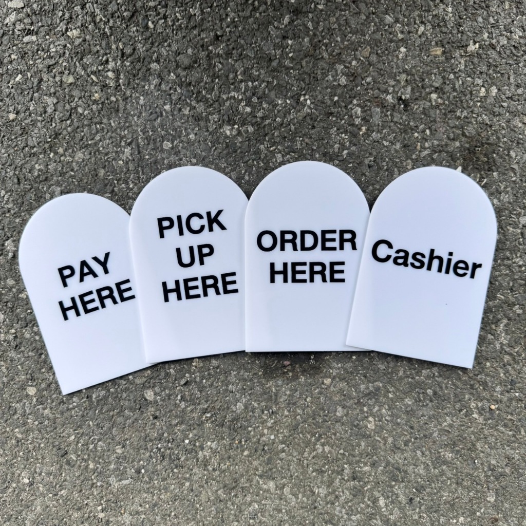 ป้ายอะคริลิคตั้งโต๊ะ ป้ายอะคริลิค+ฐานไม้ ป้าย PICK UP HERE Cashier ORDER HERE PAY HERE ป้ายมินิมอล