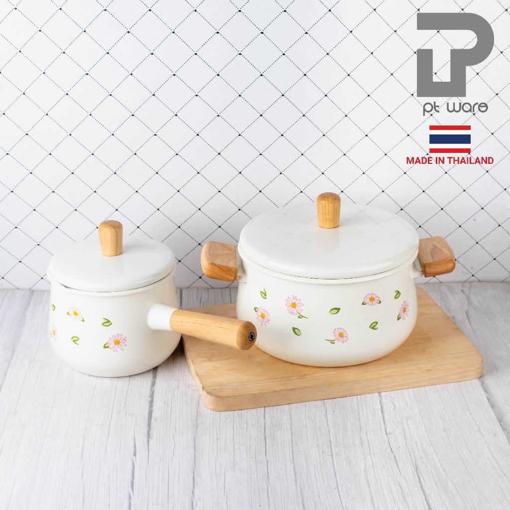 หม้อ หม้อเคลือบ หม้อสองหู หม้อด้าม หม้อต้ม **สามารถใช้กับเตาแม่เหล็กไฟฟ้า**  ฝาขาว (( ลายดอก Daisy ))