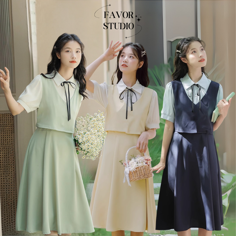 【EVIOVIO】✨S-5XL เดรสสไตล์เกาหลี สีทูโทน แขนสั้น คอปกผูกโบว์ เอวเข้ารูป เดรสสาวอวบ พลัสไซซ์ เดรสออกงาน พร้อมส่ง🌲