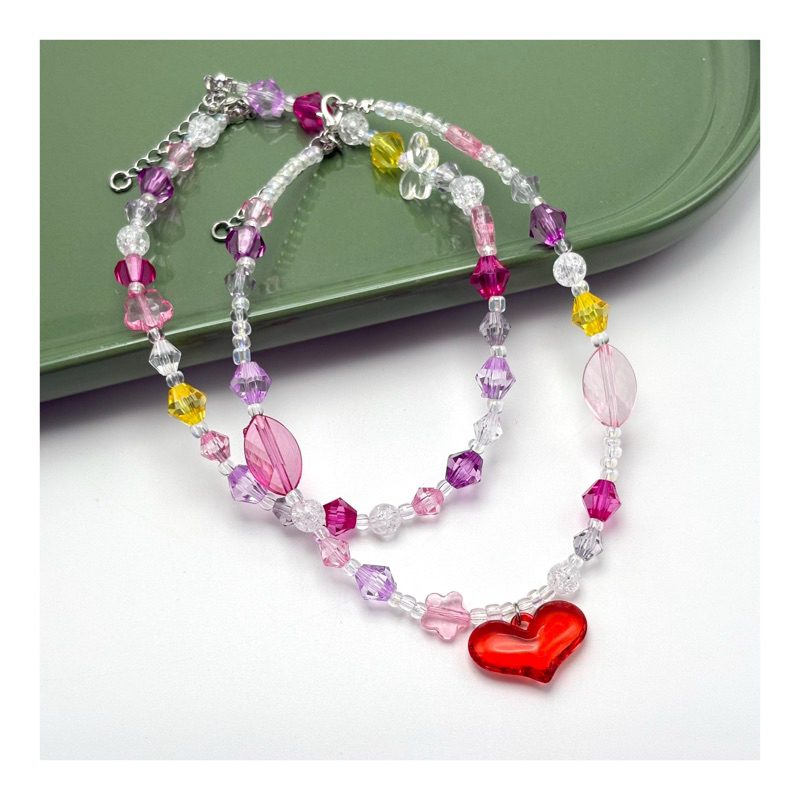 Piing me Necklace | สร้อยคอลูกปัดทรงคริสตัลพร้อมจี้หัวใจ ❤️✨