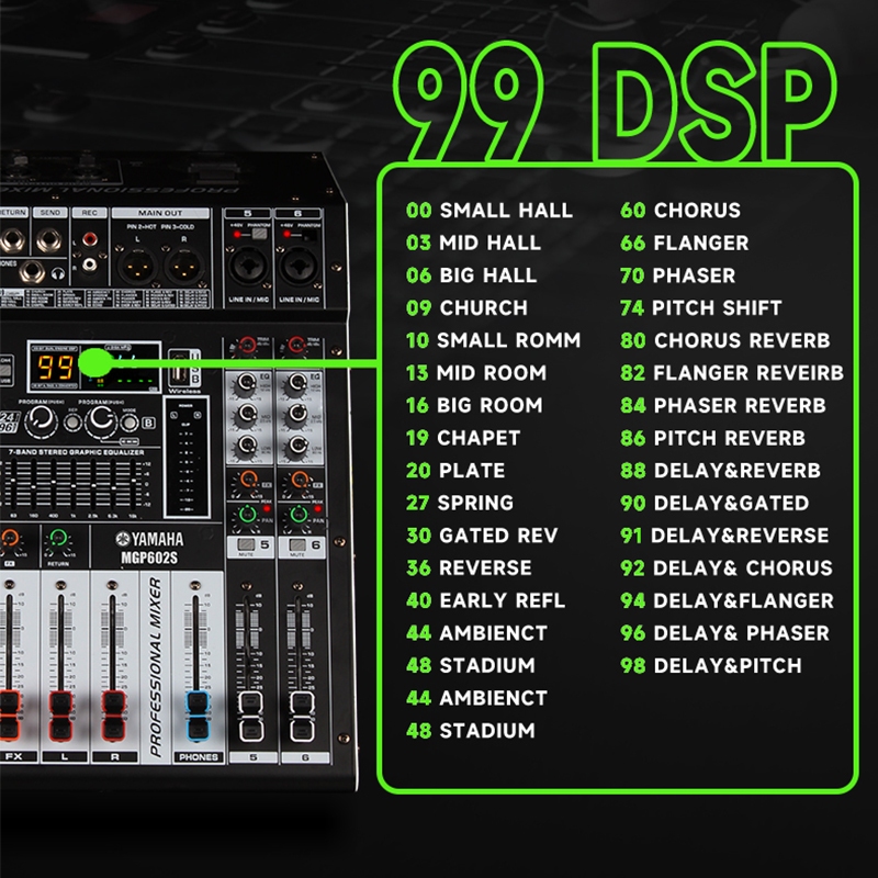 YAMAHA MGP602S มิกเซอร์พร้อมเพาเวอร์แอมป์ในเครื่องเดียว รีเวิร์บ 99DSP เอฟเฟกต์มืออาชีพบลูทูธอีควอไลเซอร์สำหรับเล่น 550W