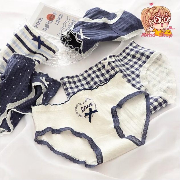 Anna shop กางเกงในแฟชั่น สไตล์เกาหลี เอวกลาง โทนขาวน้ำเงิน ราคาถูก พร้อมส่ง CS046