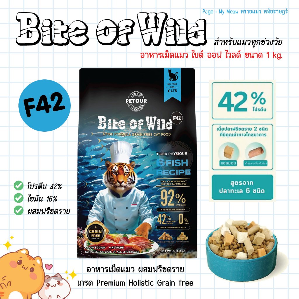 Bite Of Wild F42 สูตรเนื้อปลา 6 ชนิด อาหารแมว ไบต์ออฟไวด์ ขนาด 1 kg. ปราศจากธัญพืช สำหรับแมวทุกวัย
