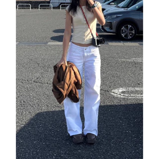 [ PAPADON'TCRY ] - Low Rise Jeans (all white) กางเกงยีนส์เอวต่ำทรงกระบอกสีขาวล้วน