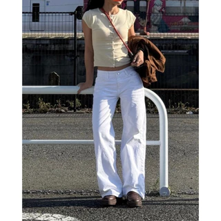 [ PAPADON'TCRY ] - Low Rise Jeans (all white) กางเกงยีนส์เอวต่ำทรงกระบอกสีขาวล้วน