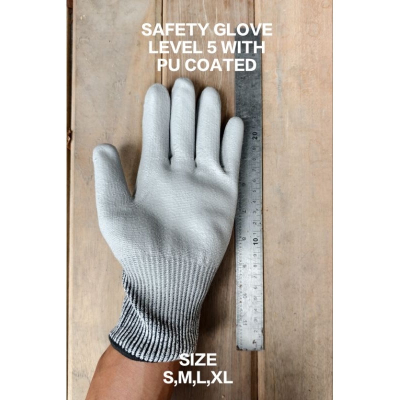 ถุงมือกันบาด safety glove กันบาดระดับ5 เคลือบ PU size s-xl