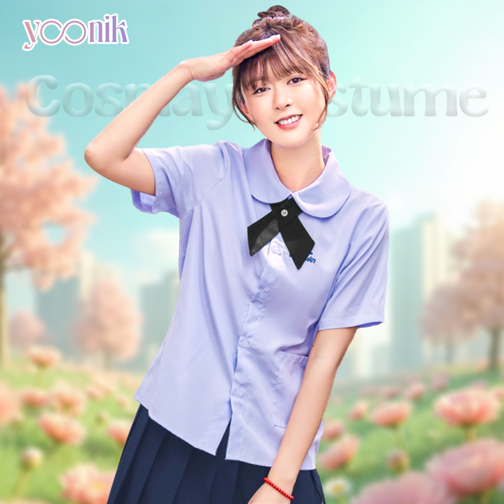 ชุดนักเรียนไทย เสื้อนักเรียนมัธยมต้น สีม่วงอ่อน + โบว์ดำ ใส่สบาย ระบายอากาศได้ดี สำหรับผู้หญิง