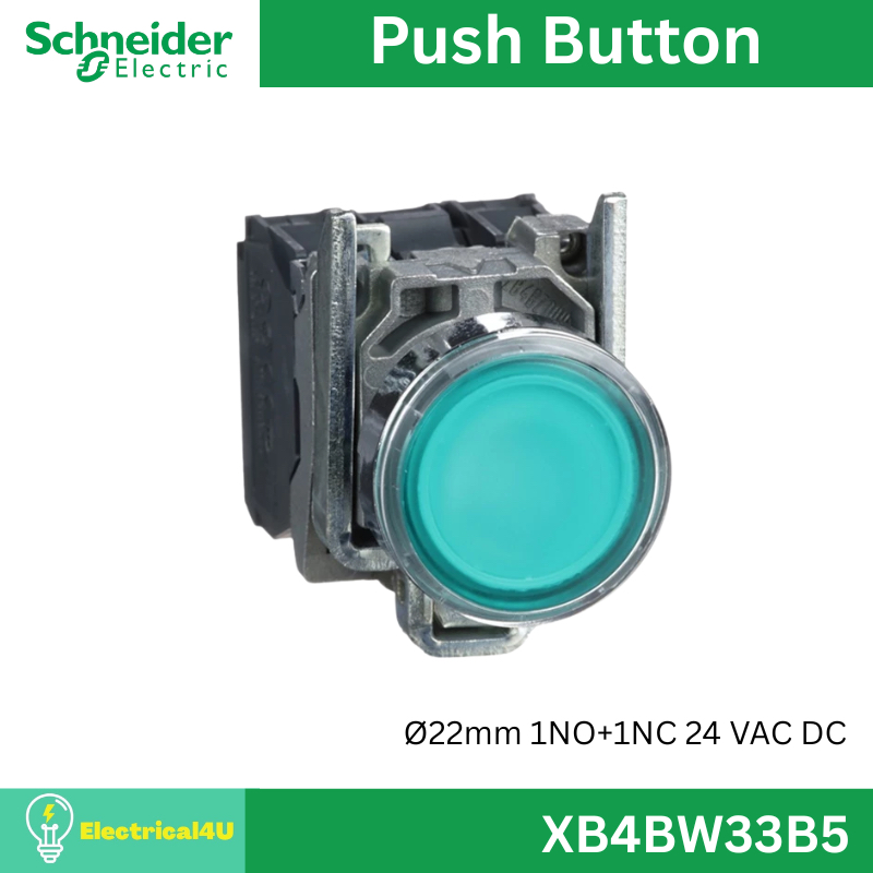 Schneider Electric XB4BW33B5 สวิตช์ปุ่มกดมีไพล็อทแลมป์ LED สีเขียว หัวเรียบ-กดเด้ง Ø22mm 1NO+1NC 24 