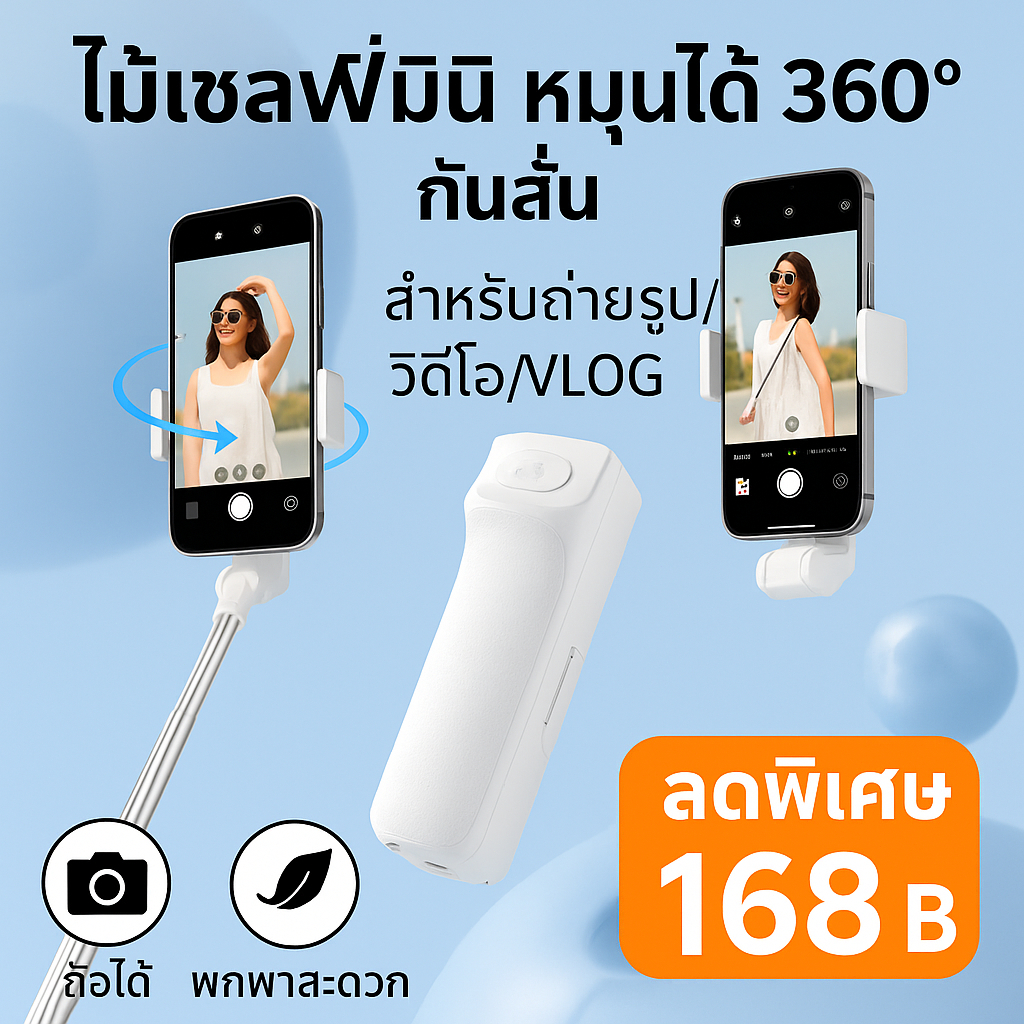 ไม้เซลฟี่มินิ หมุนได้ 360° กันสั่น สำหรับถ่ายรูป/วิดีโอ/VLOG พกพาสะดวก ถือได้ ใช้ในคอนเสิร์ตหรือเดินทาง