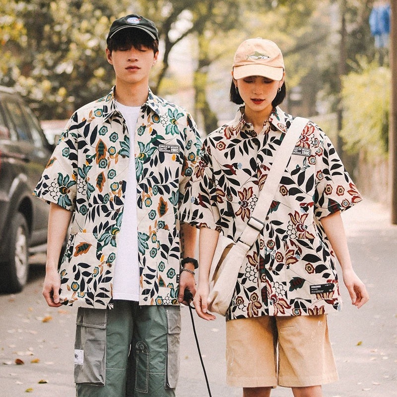 knowyou_เสื้อเชิ้ตลายดอก น่ารักสีสันสดใส มีสีฟ้า/น้ำตาล ผ้าไหมอิตาลี ไม่ยับ M-2XL