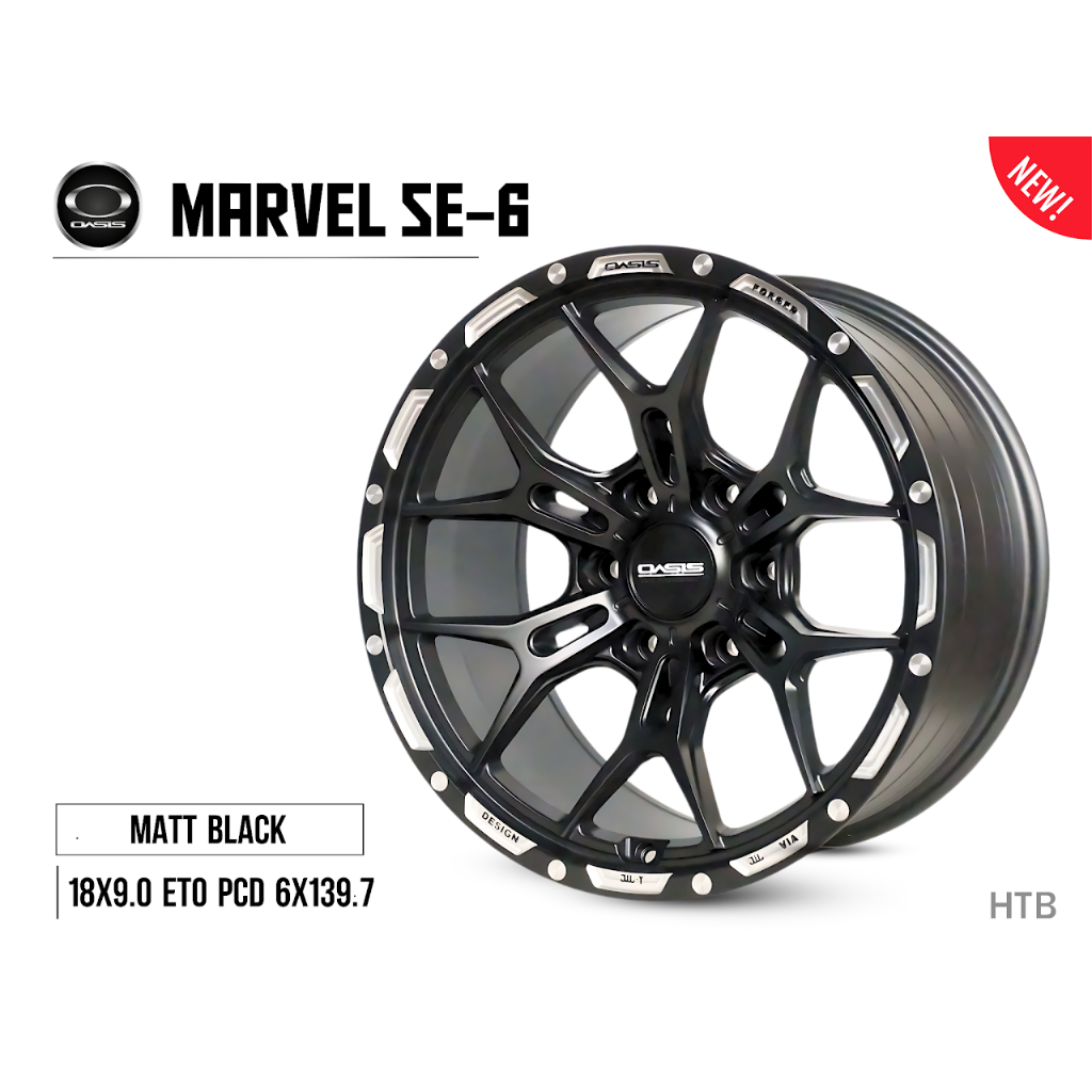 ล้อแม็ก Oasis MARVEL SE-6 ขอบ 18x9.0 ET0 PCD 6x139.7 สีดำด้านดีไซน์ใหม่ สไตล์ออฟโรด พร้อมฝาโลโก้ OAS