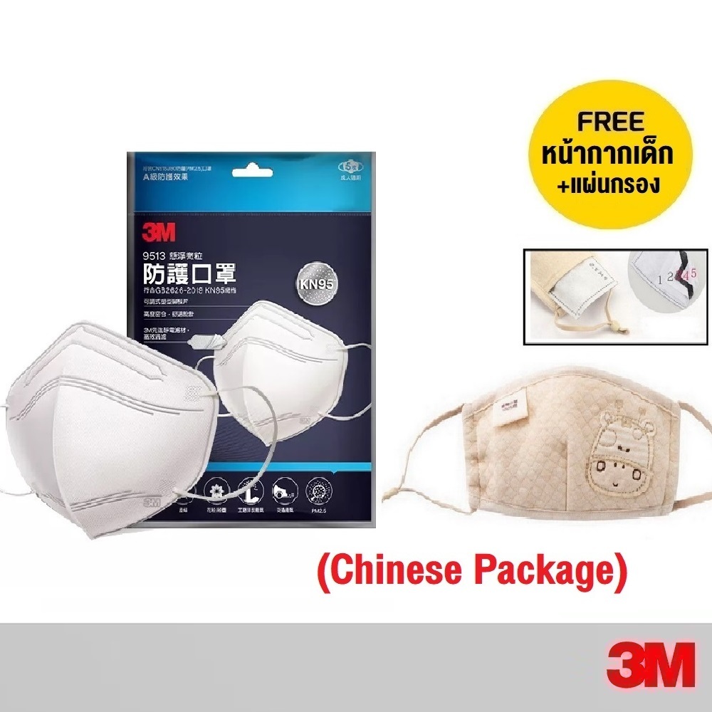 5ชิ้น 3M ฺKN95 รุ่น 9513 หน้ากากป้องกันฝุ่นละออง5ชิ้น (แถมฟรี หน้ากาก และ แผ่นกรอง สำหรับเด็ก)
