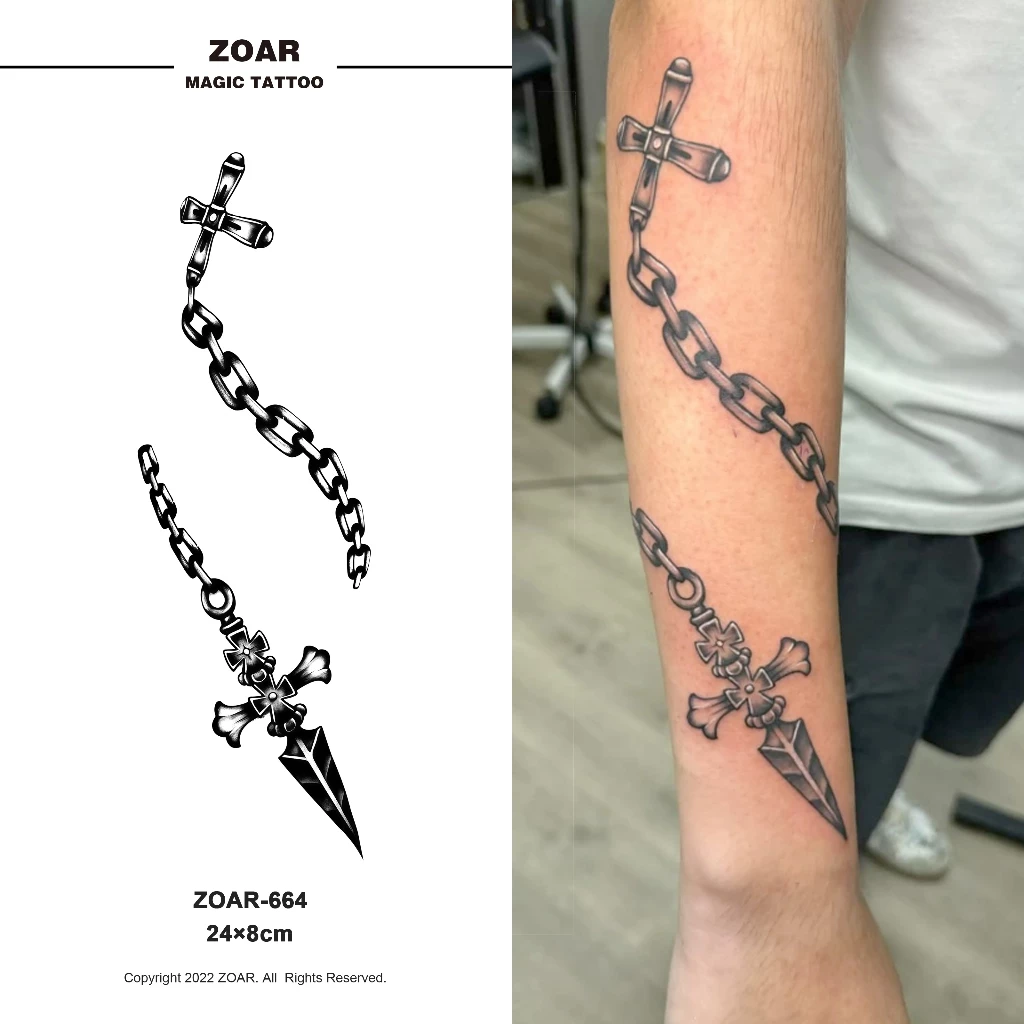 ZOAR-664 สติ๊กเกอร์รอยสักโซ่เหล็กแทททูกันน้ำ สติ๊กเกอร์รอยสักติดที่หน้าอก สติ๊กเกอร์รอยสักสมุนไพร กันน้ำ กันรอย กึ่งถาว