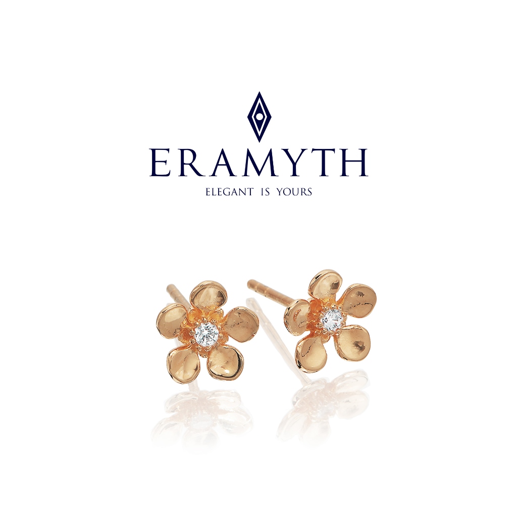 Eramyth Jewelry ต่างหูปักก้าน เงินแท้ 925 ดีไซน์ดอกไม้ ชุบสีโรสโกลด์ ขนาดกำลังดี งานฝังเพชรสวิส CZ :