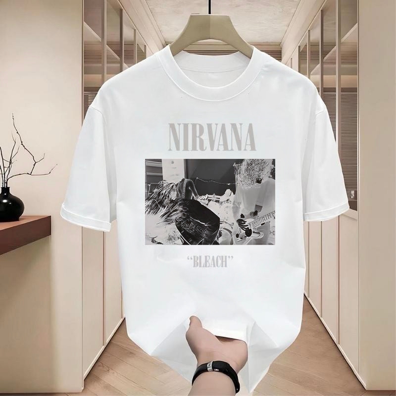 เสื้อยืดผู้ชายเท่ๆ คอกลมแขนสั้น สกรีนลายวงดนตรีสุดฮิต เสื้อยืดสตรีทแฟชั่น วินเทจ เสื้อวงเมกาเท่ๆ nirvana โอเวอร์ไซส์