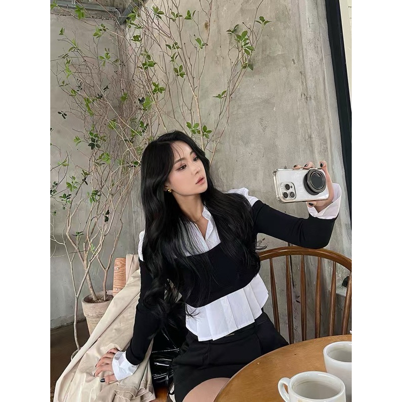 kloset A - เสื้อเชิ้ตแขนยาวเย็บติดผ้าสีดำ
