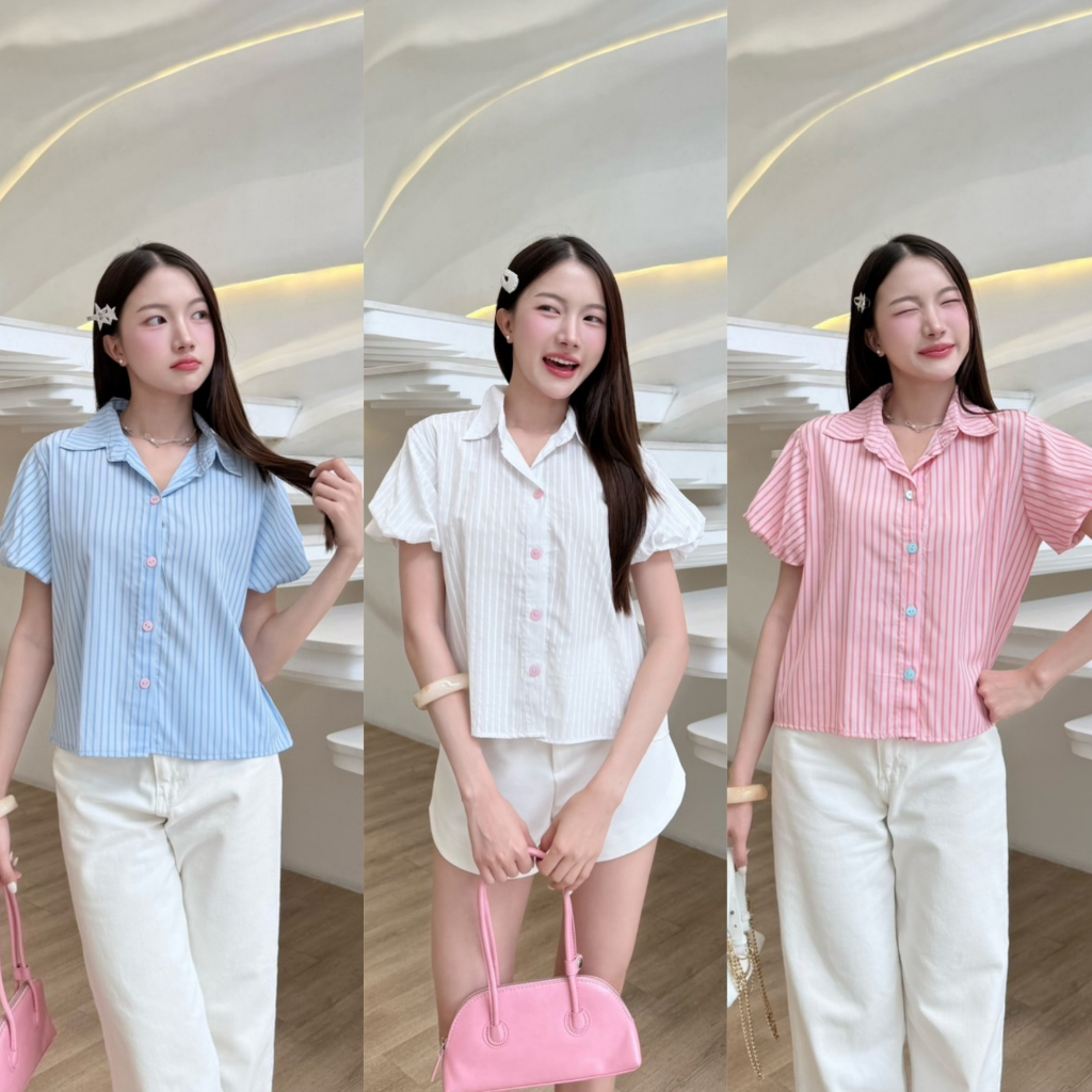 เสื้อเชิ้ตคอปกแขนพองลายทางกระดุมหน้า